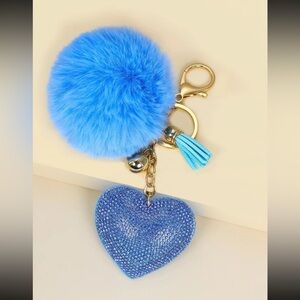 NEW Blue Rhinestone Heart Keychain/Bag Charm w/ PomPom